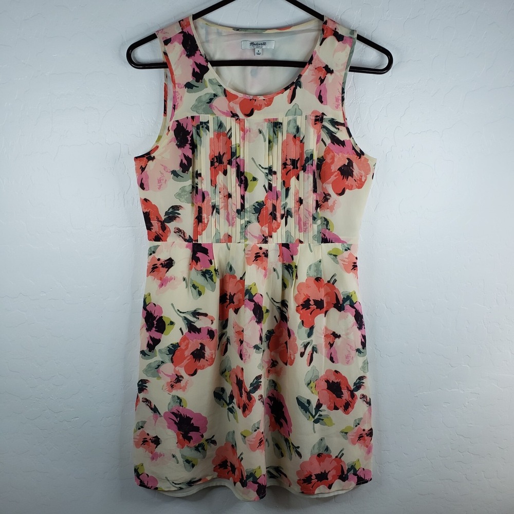 Madewell Sleeveless Dress Tea Rose Floral Silk Sheer Lined Women's‎ 4 Pleated